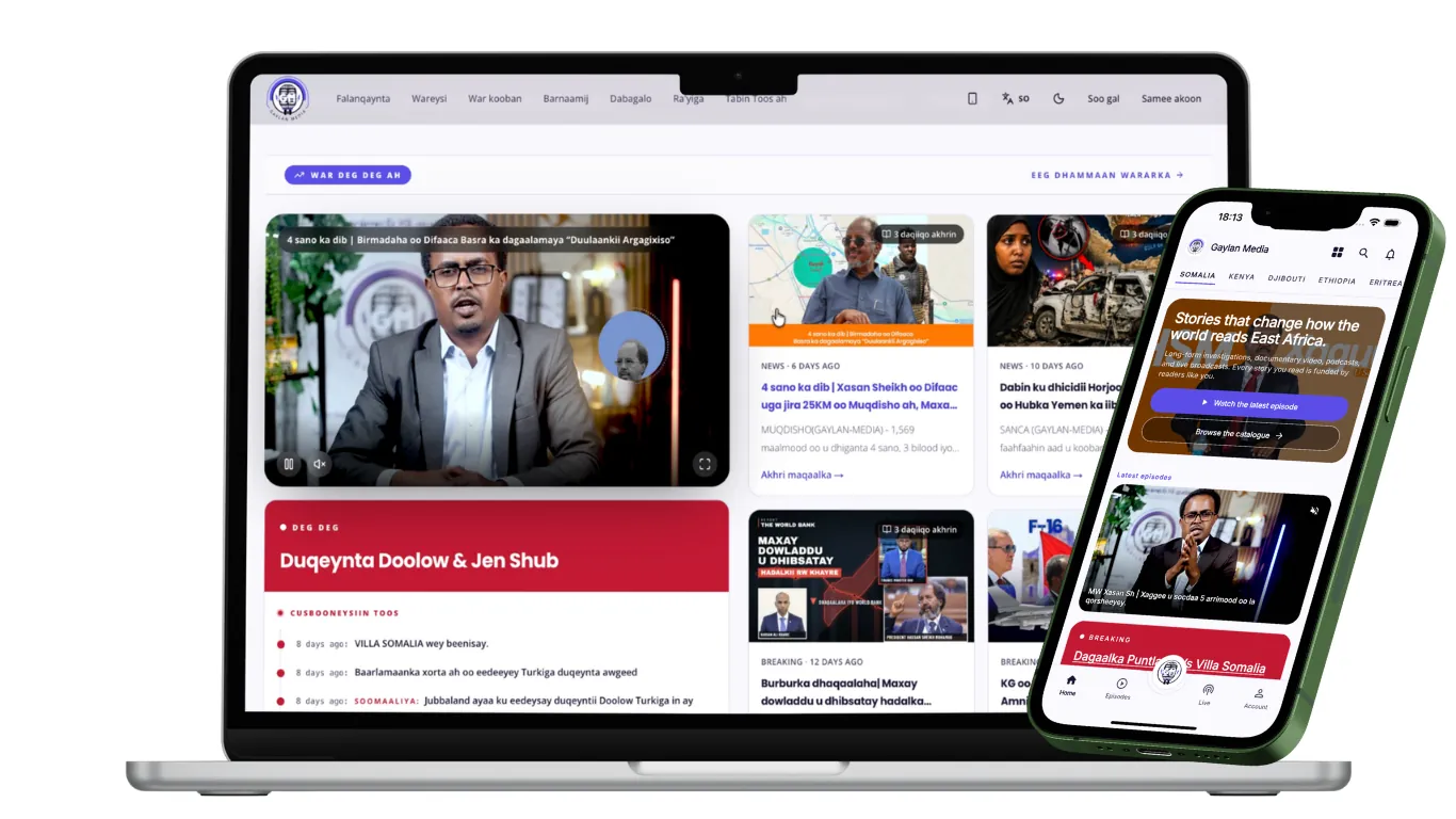 Gaylan Media oo ka muuqda laptop iyo taleefan casri ah
