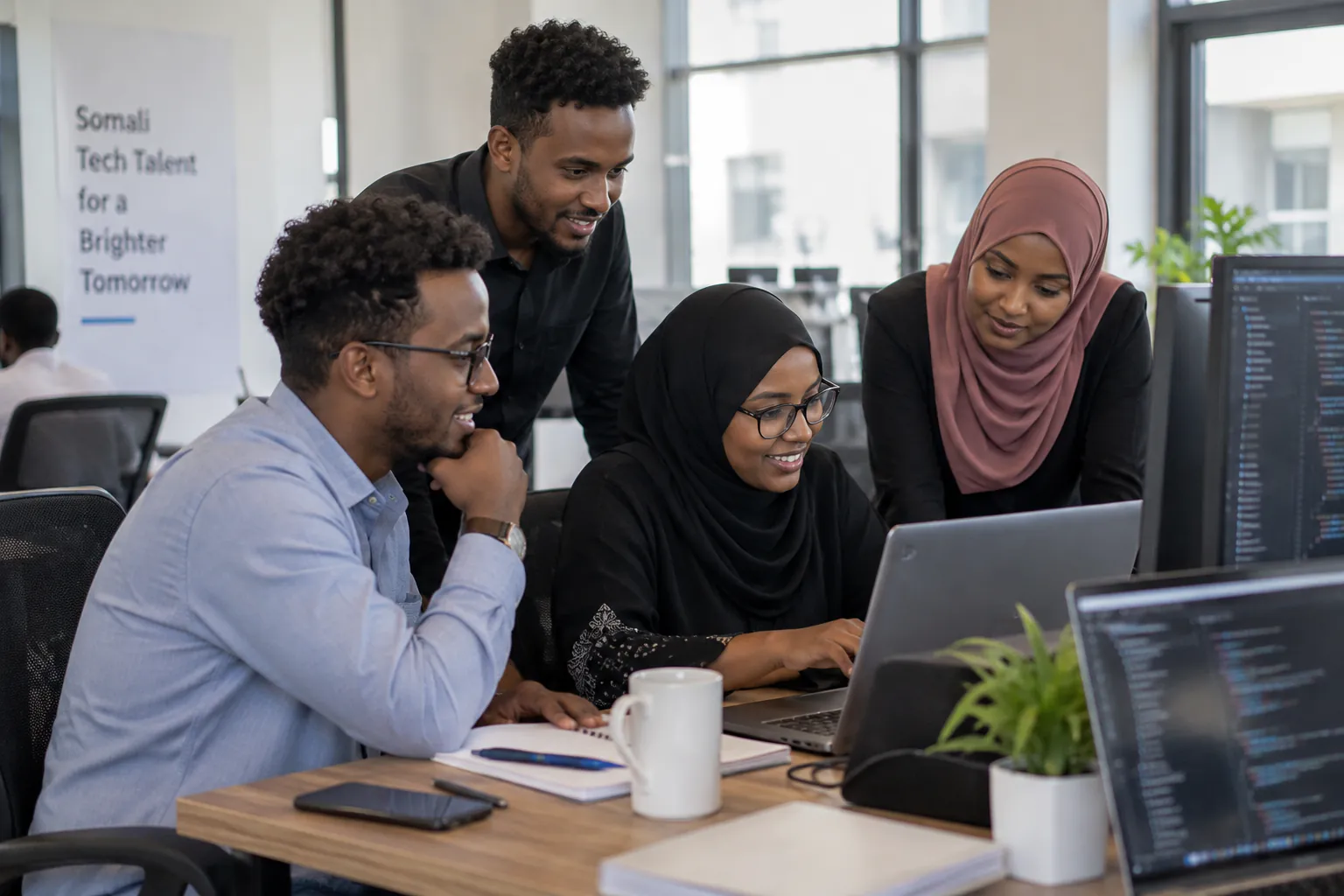 Kooxda Panera oo laptop hareerihiisa isugu timid, koodhka si wadajir ah u eegaya